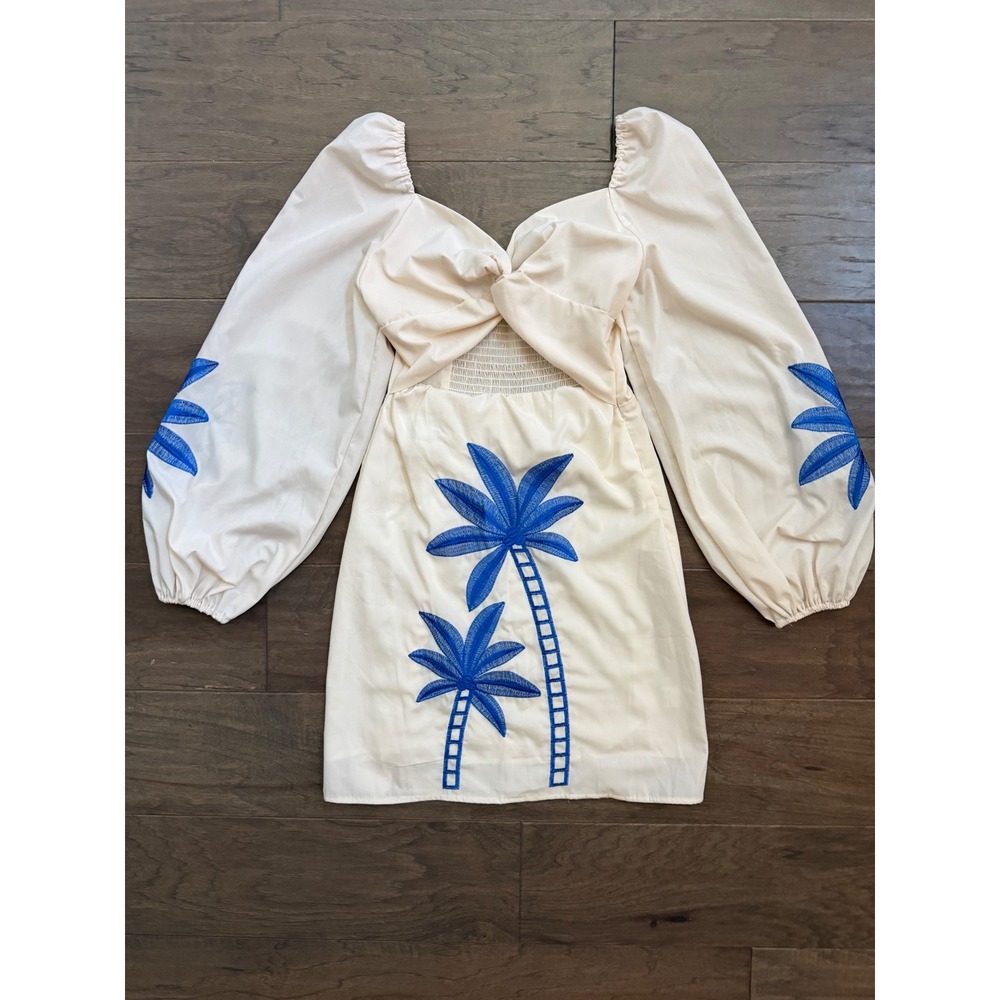 Sundayup Mini Dress Womens S Cream Blue Palm Tree Embroidered Puff Sleeve Boho